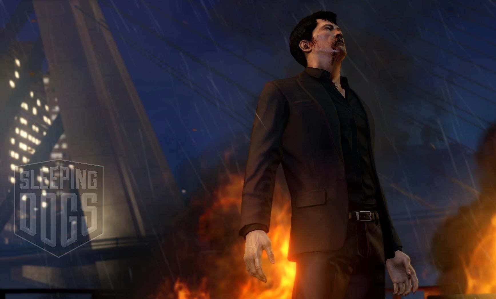 A Man Standing In Front Of A Fire In A Video Game