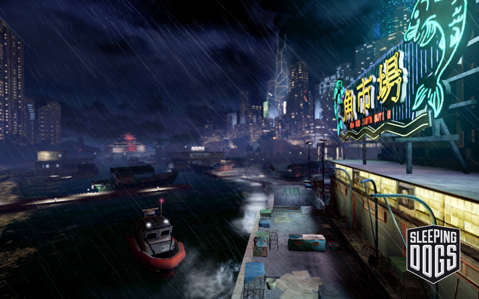 A City With A Sign And Boats In The Night Wallpaper