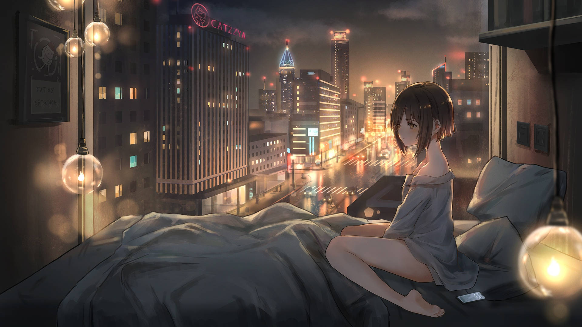 Sleepy Girl And Busy Street City Background Wallpaper