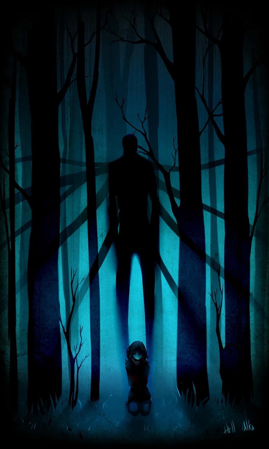 Immaginedi Slender Man In Un Oscuro Bosco Blu.