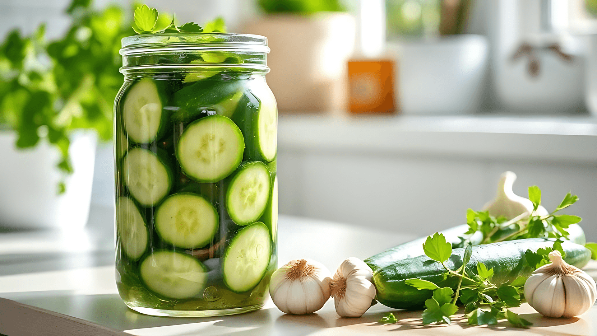Sliced Cucumber With Garlic And Herbs On Kitchen Counter Wallpaper