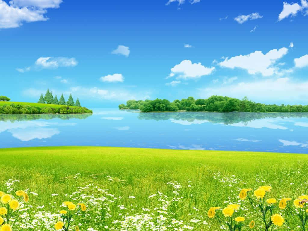 A Green Field With Flowers And A Lake
