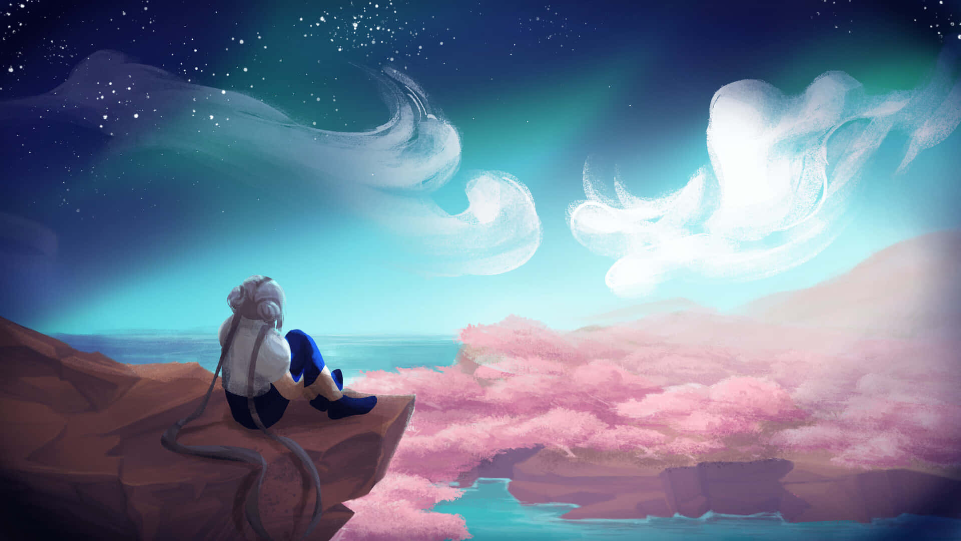 A Girl Is Sitting On A Rock Looking At The Sky Wallpaper