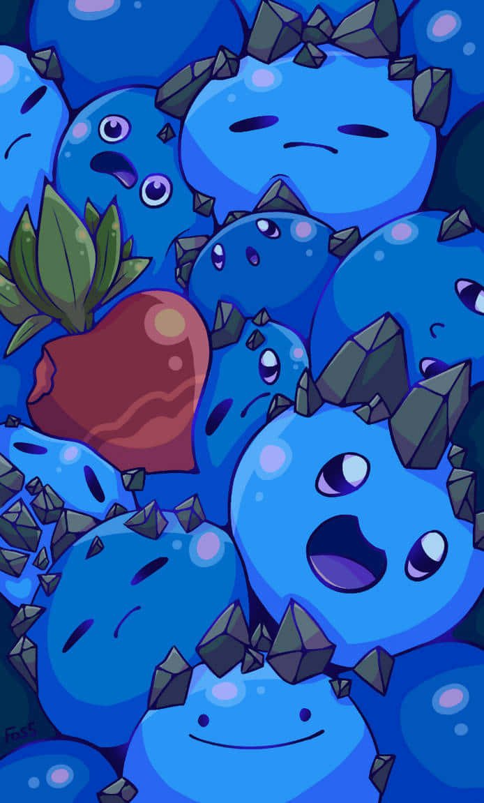 En bunke af blå bær med ansigter på dem Wallpaper