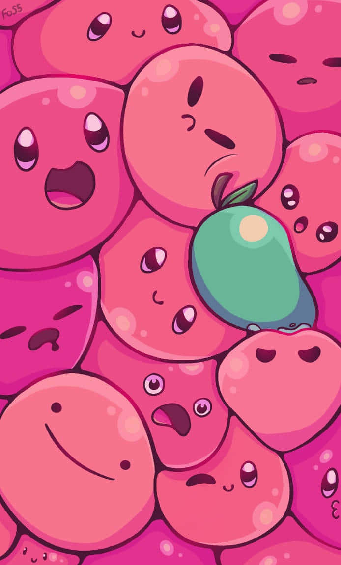 A Bunch Of Pink Kawaii Characters Surrounded By A Green One Wallpaper