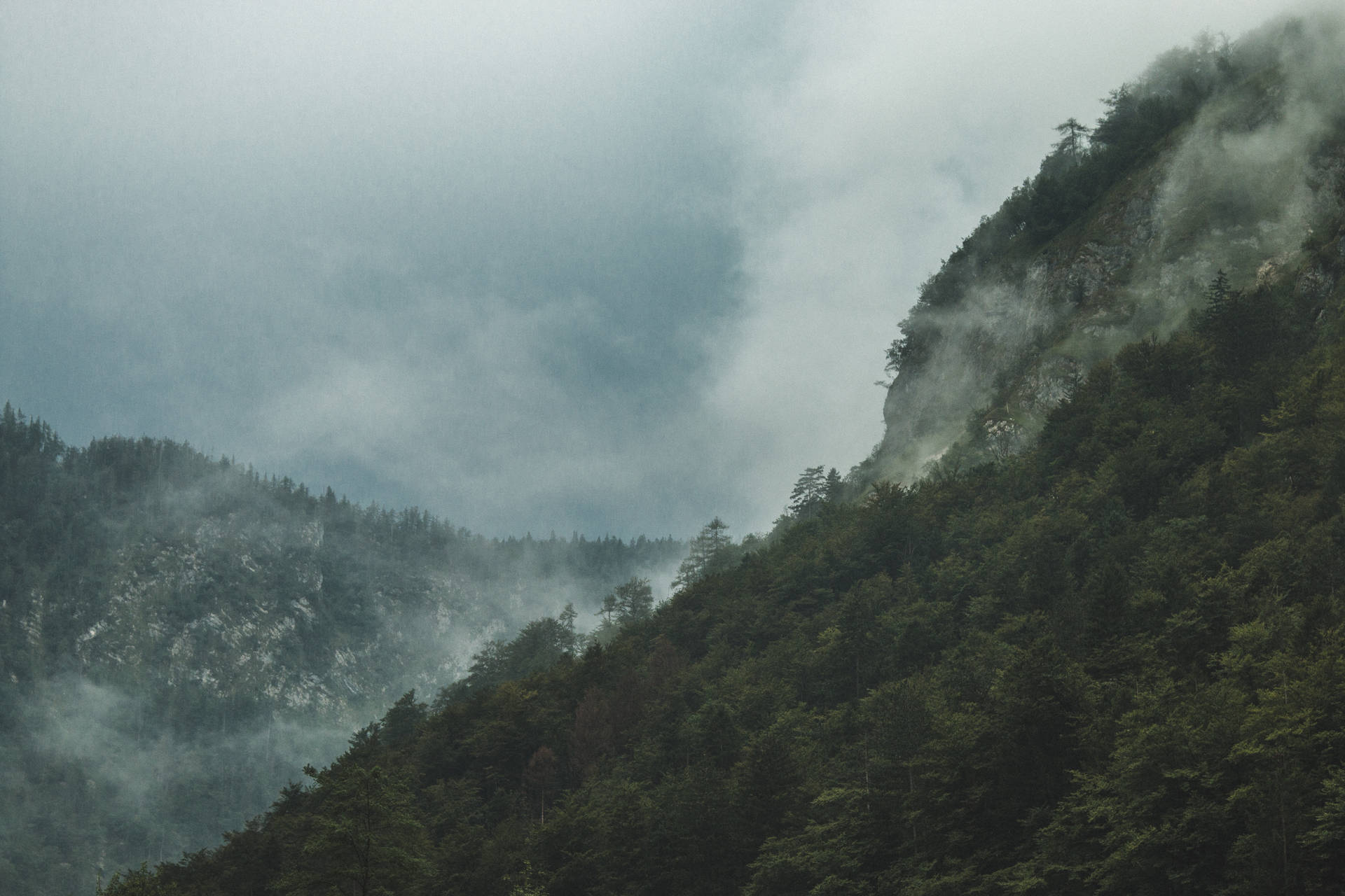 Esloveniamontañas Oscuras Con Niebla Fondo de pantalla
