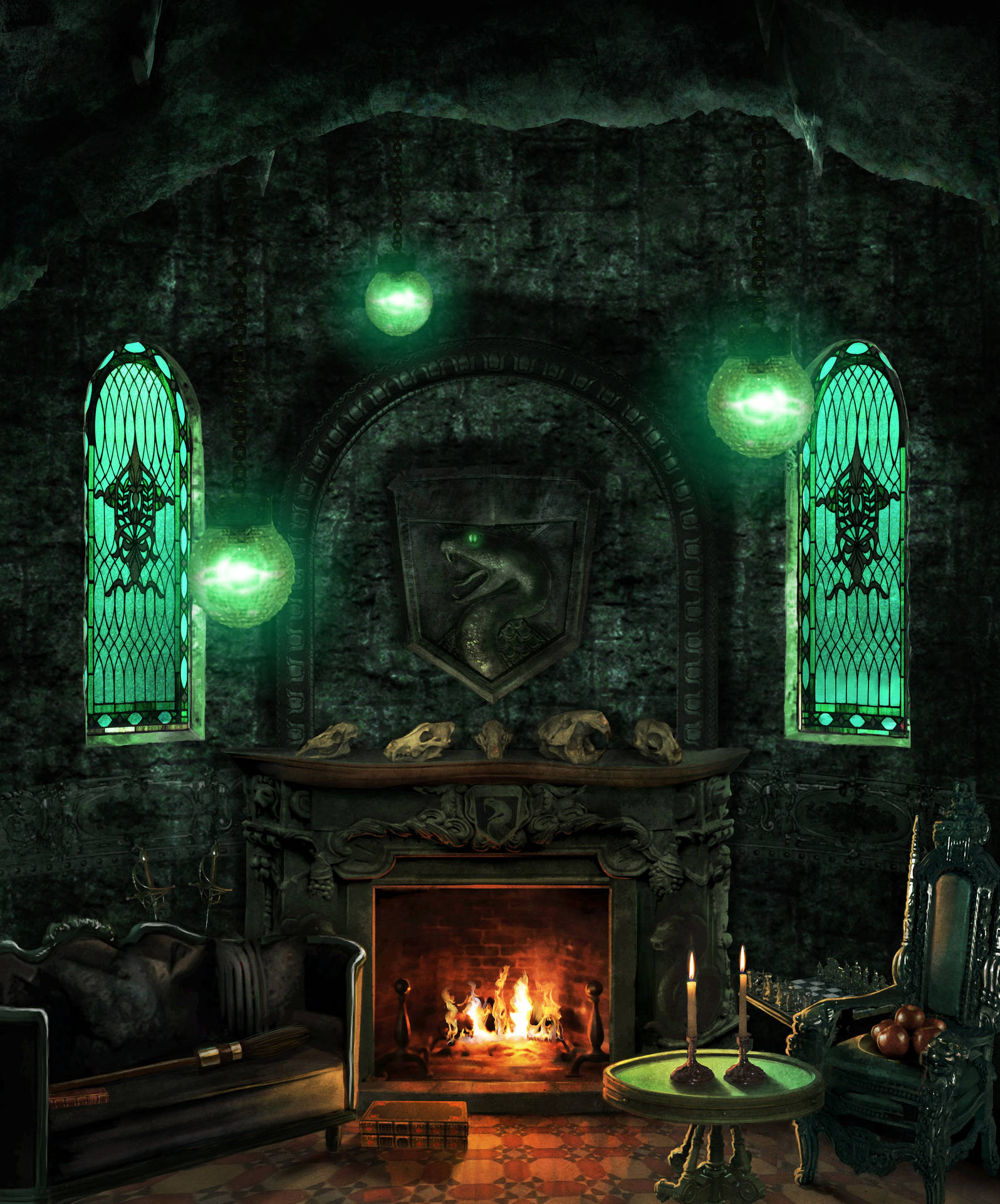 Slytherin Aesthetic Fireplace Room Wallpaper