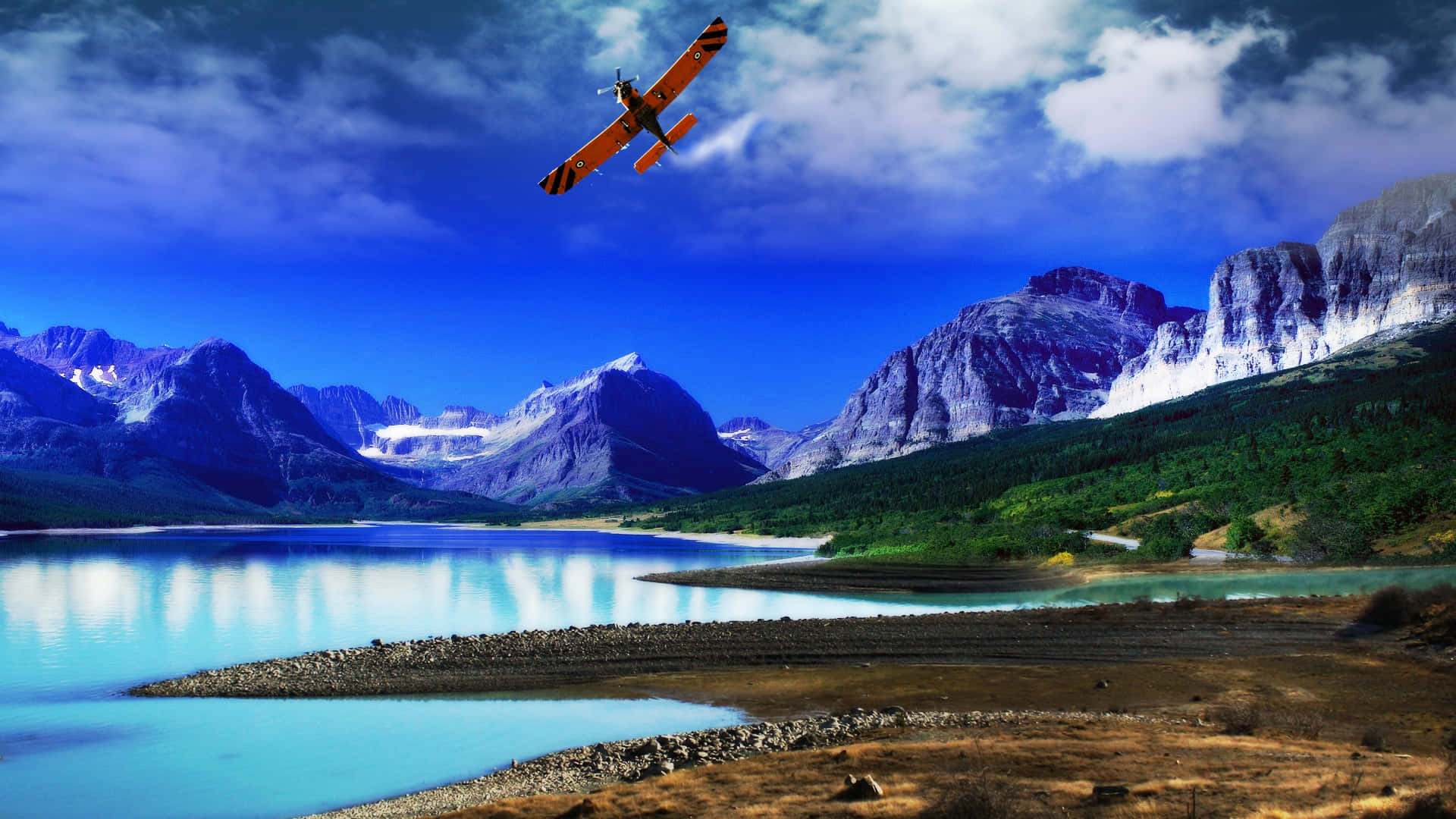 Lille fly i rød hæver over landskab. Wallpaper