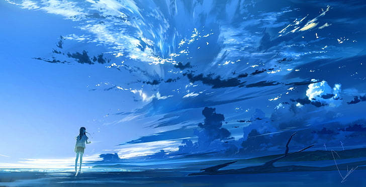 Small Girl Blue Sky Painting Wallpaper
