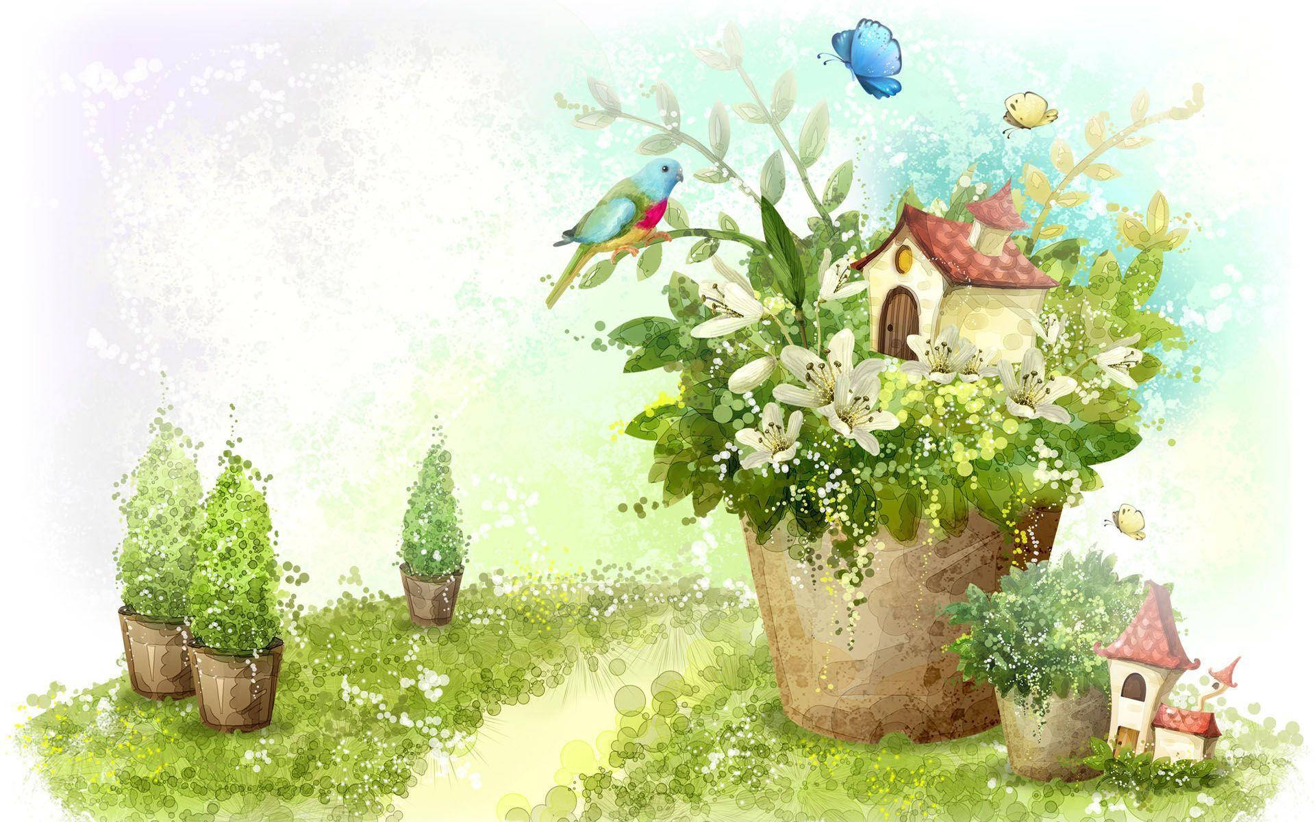 Embracing Tranquility: A Small House in a Lush Green Plant Artwork Wallpaper
