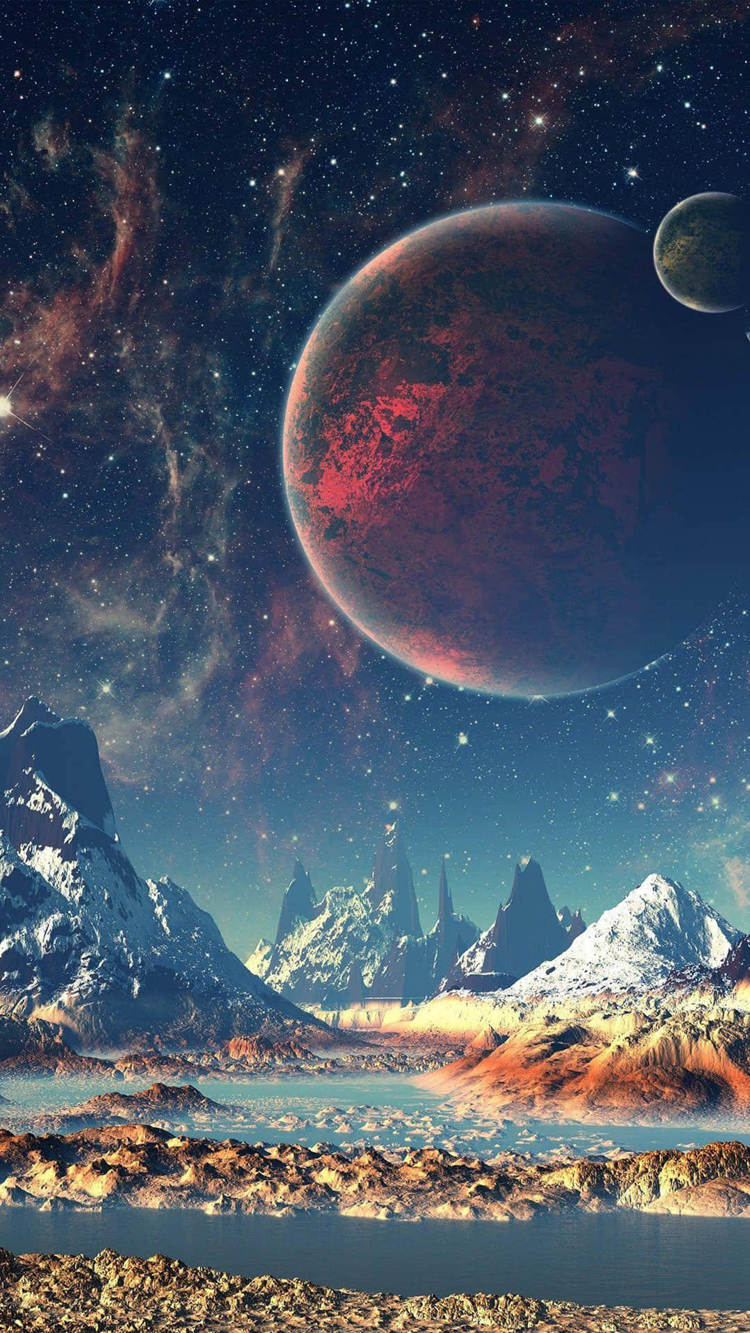 En planet i rummet med bjerge og en sø. Wallpaper