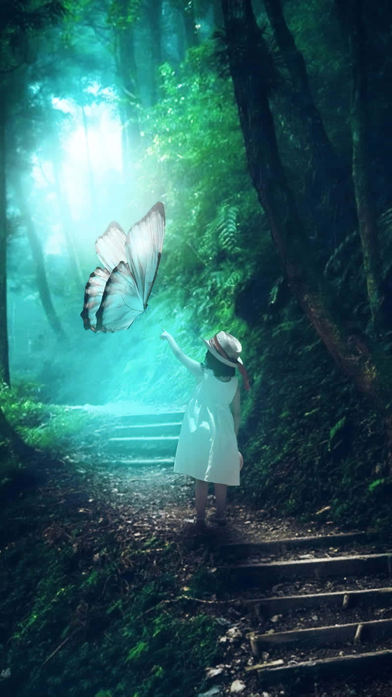 A Girl In A White Dress Is Walking Down A Path In The Forest Wallpaper