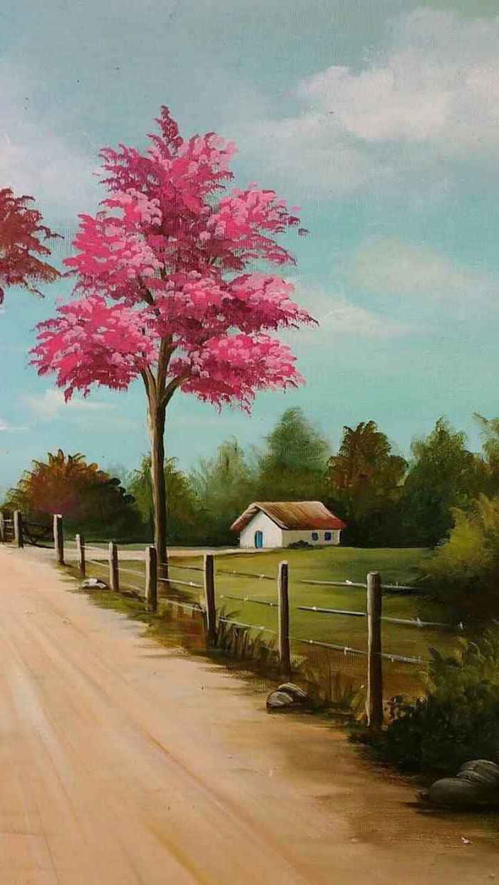 A Painting Of A Road With Trees And A Fence Wallpaper