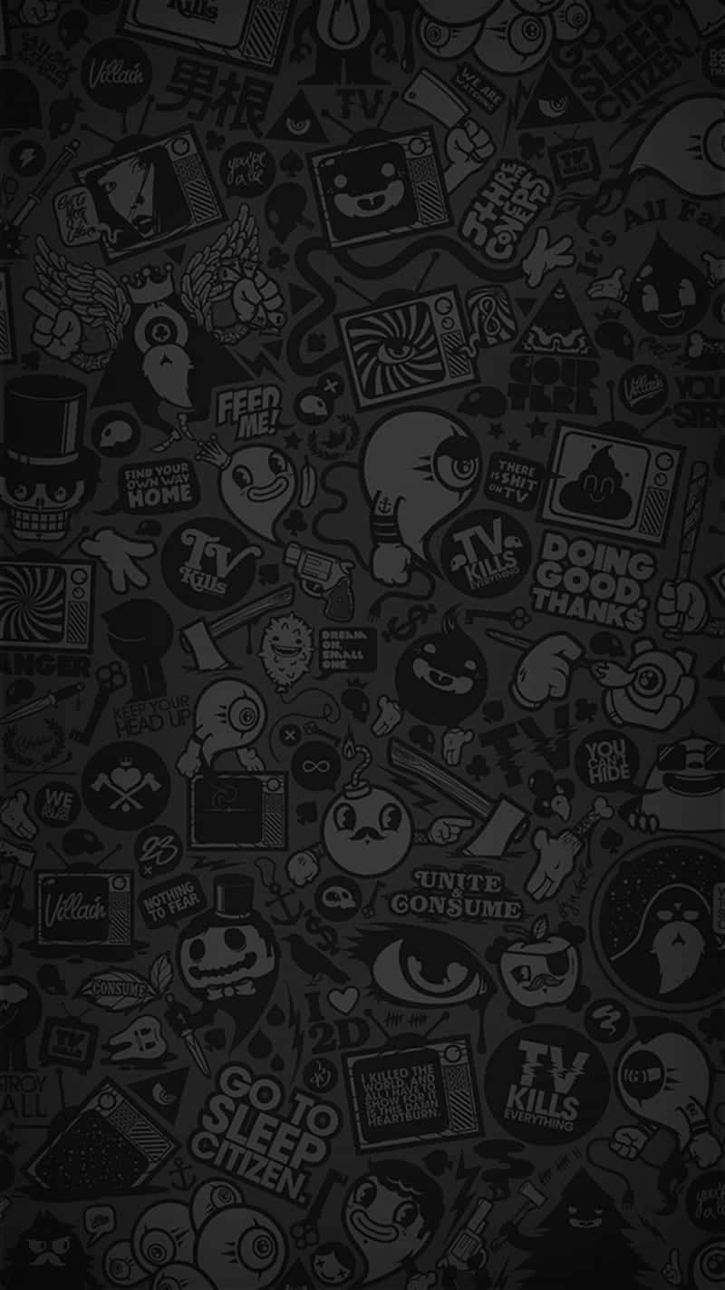 A Black Background With Many Different Stickers On It Wallpaper