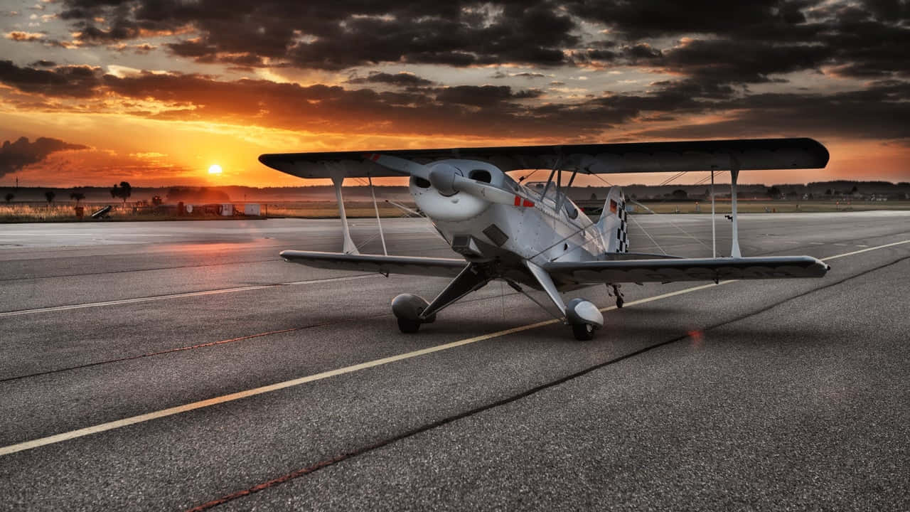 Hintergrundbildmit Kleinem Flugzeug Während Des Sonnenuntergangs