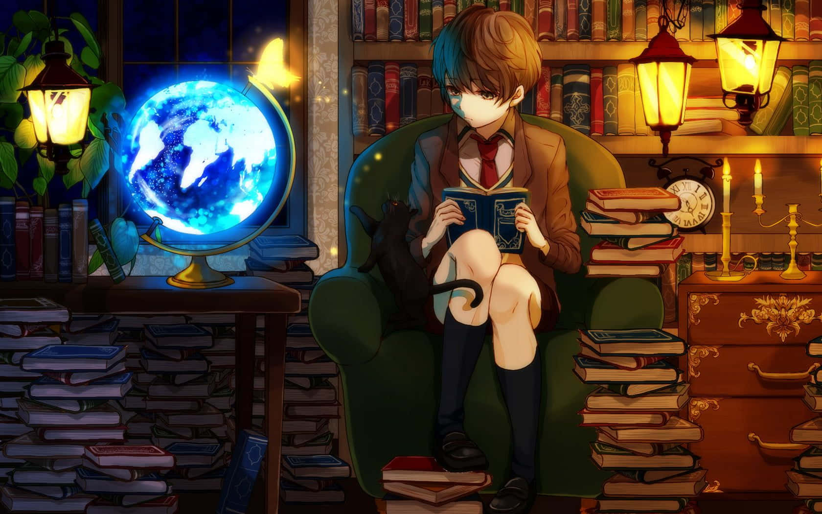 Bildeines Intelligenten Jungen Mit Einem Anime-globus-kartenmotiv