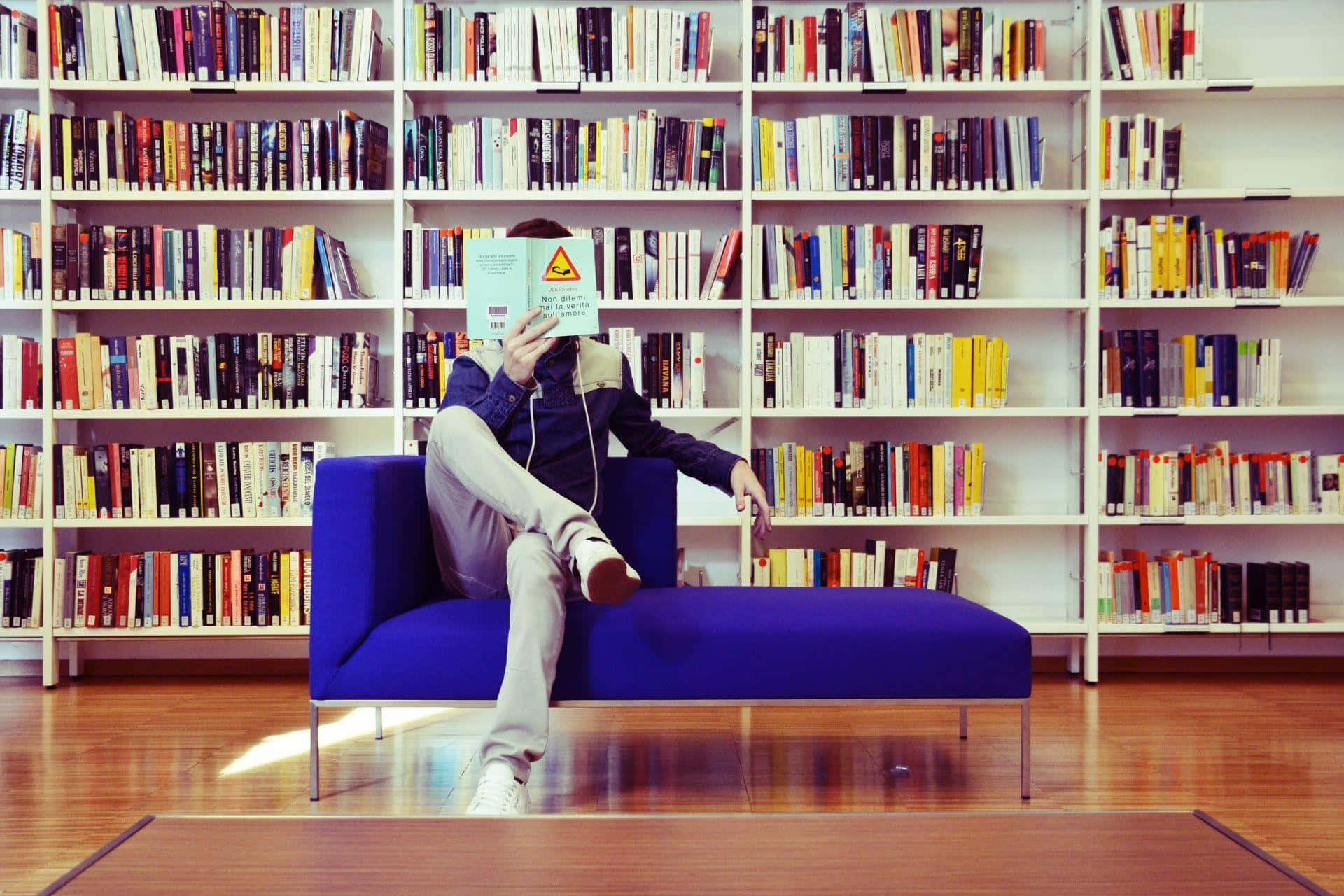 Smart dreng sidder på blå sofa Billede Wallpaper