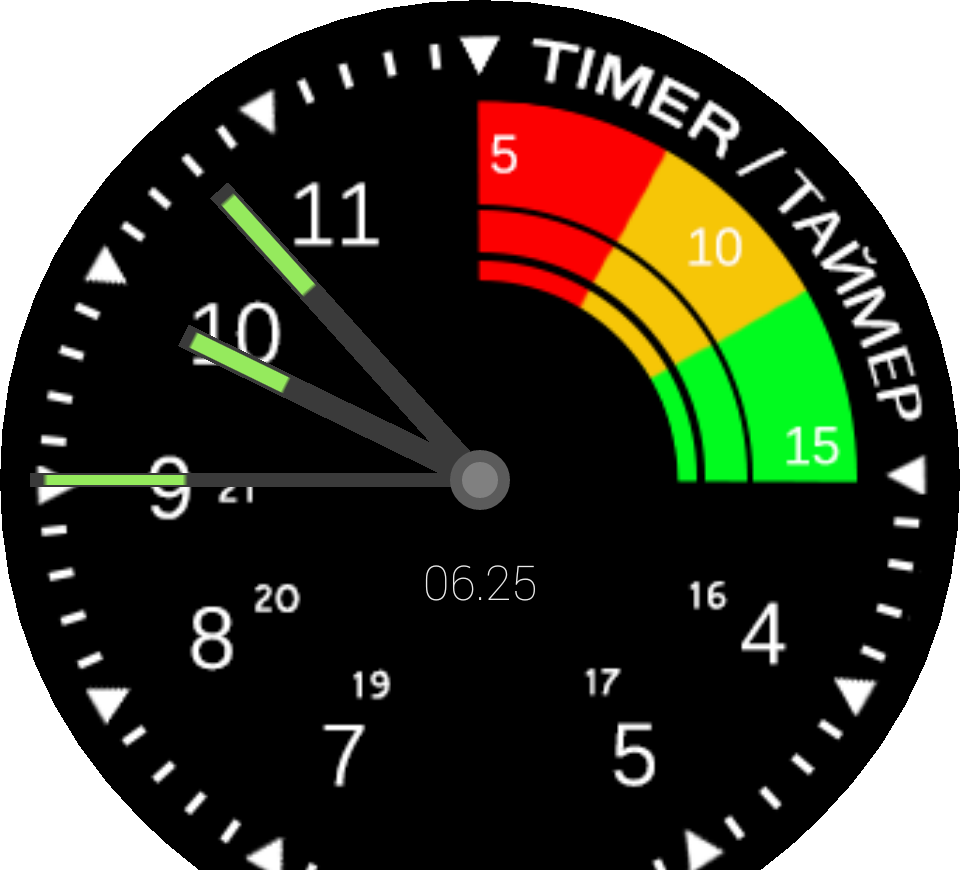 Minuteur de montre numérique affichant 10 secondes restantes avec des zones de couleur rouge, jaune et verte