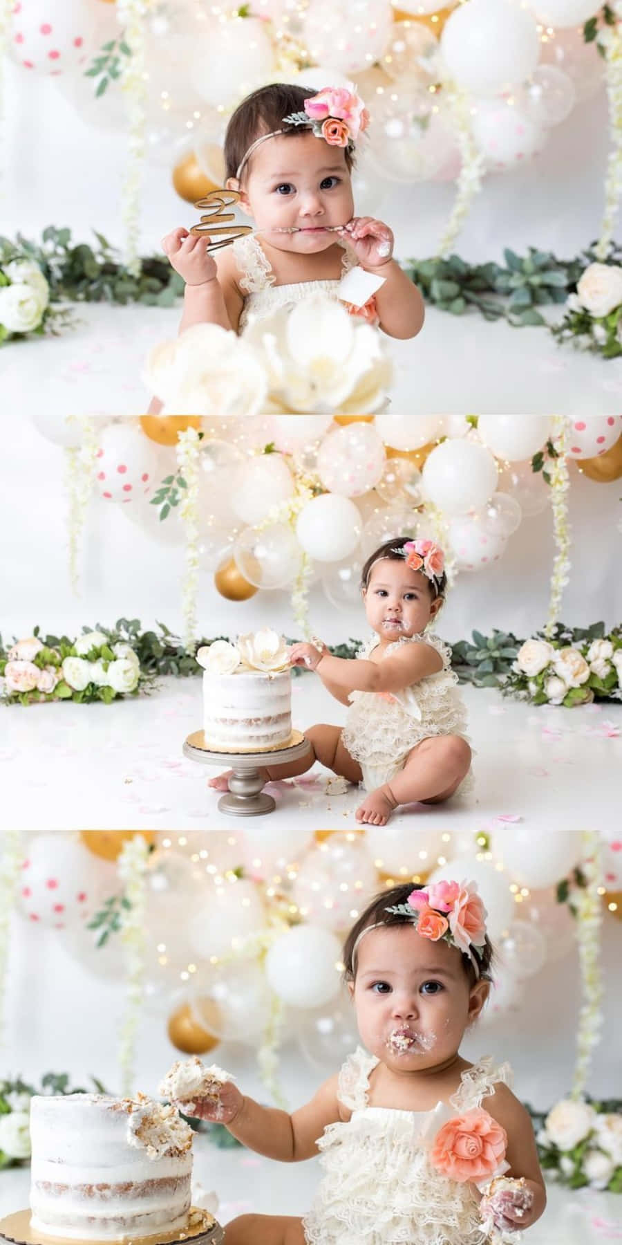 A Baby Girl Is Eating A Cake In Front Of Balloons