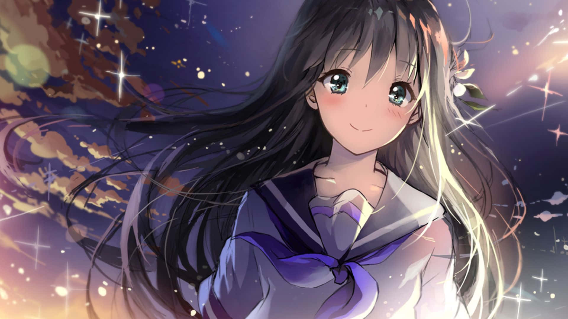 Anime Girl With Long Hair And A Starry Sky