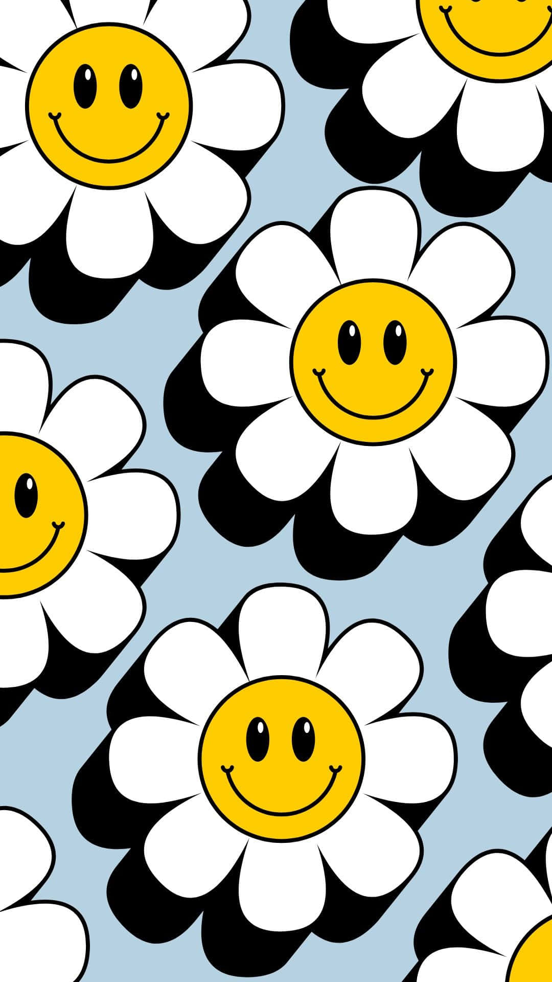Smiley Daisy Pattern Blue Background Wallpaper