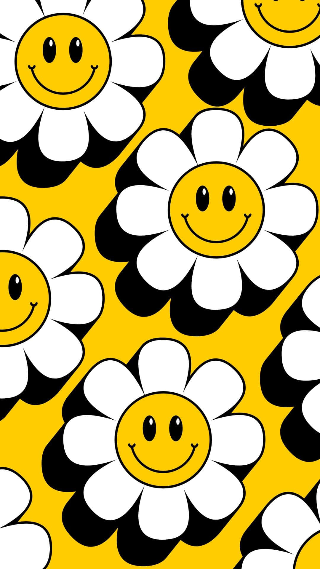 Smiley Daisy Pattern Yellow Background Wallpaper