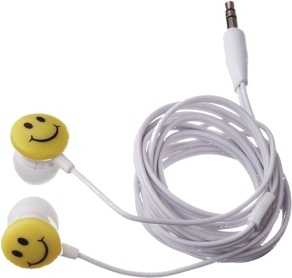 Smiley Face Earbuds White Cord PNG