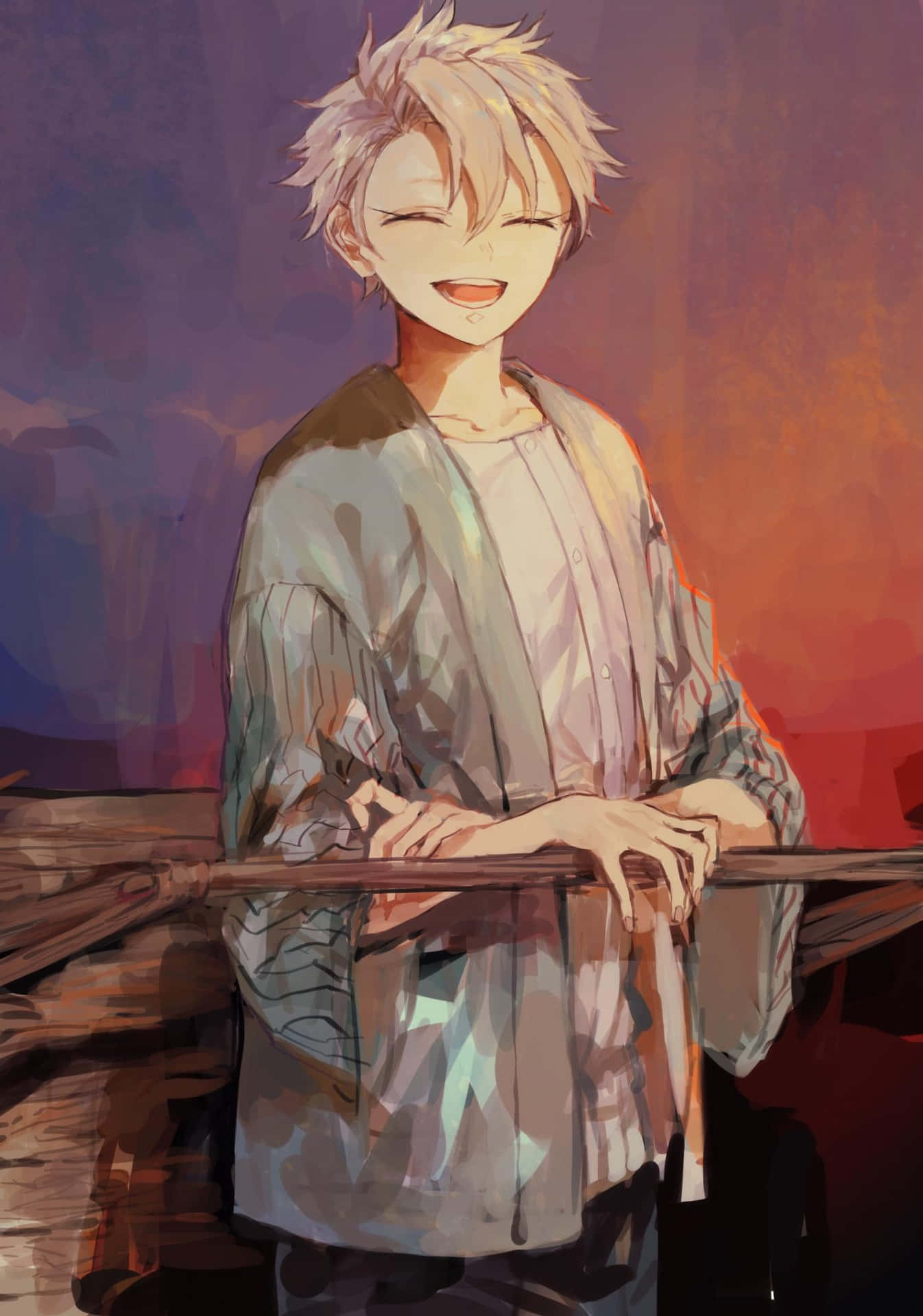 Smiling Anime Character Sunset Backdrop Wallpaper