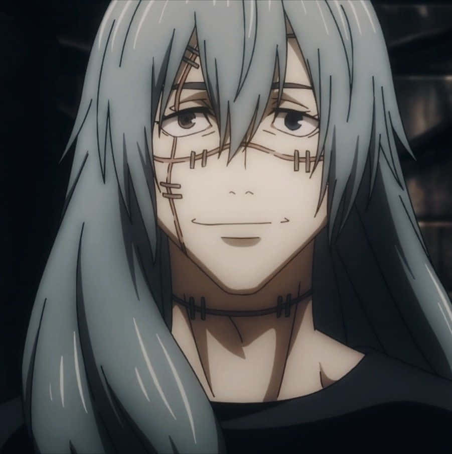 Smiling Anime Characterwith Blue Hairand Marked Face Wallpaper