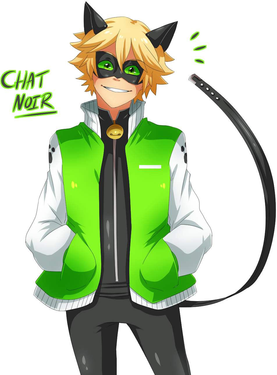 Smiling Anime Characterwith Cat Earsand Green Jacket PNG