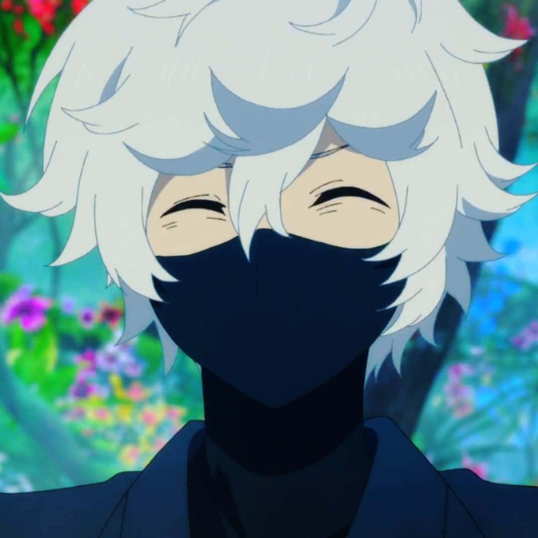 Smiling Anime Characterwith White Hairand Mask Wallpaper