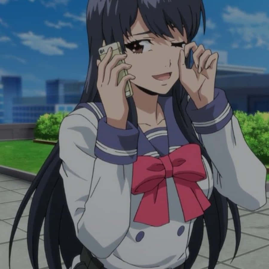 Smiling Anime Girl On Phone Wallpaper