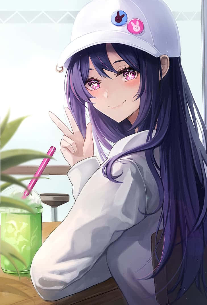 Smiling Anime Girl Peace Sign Wallpaper