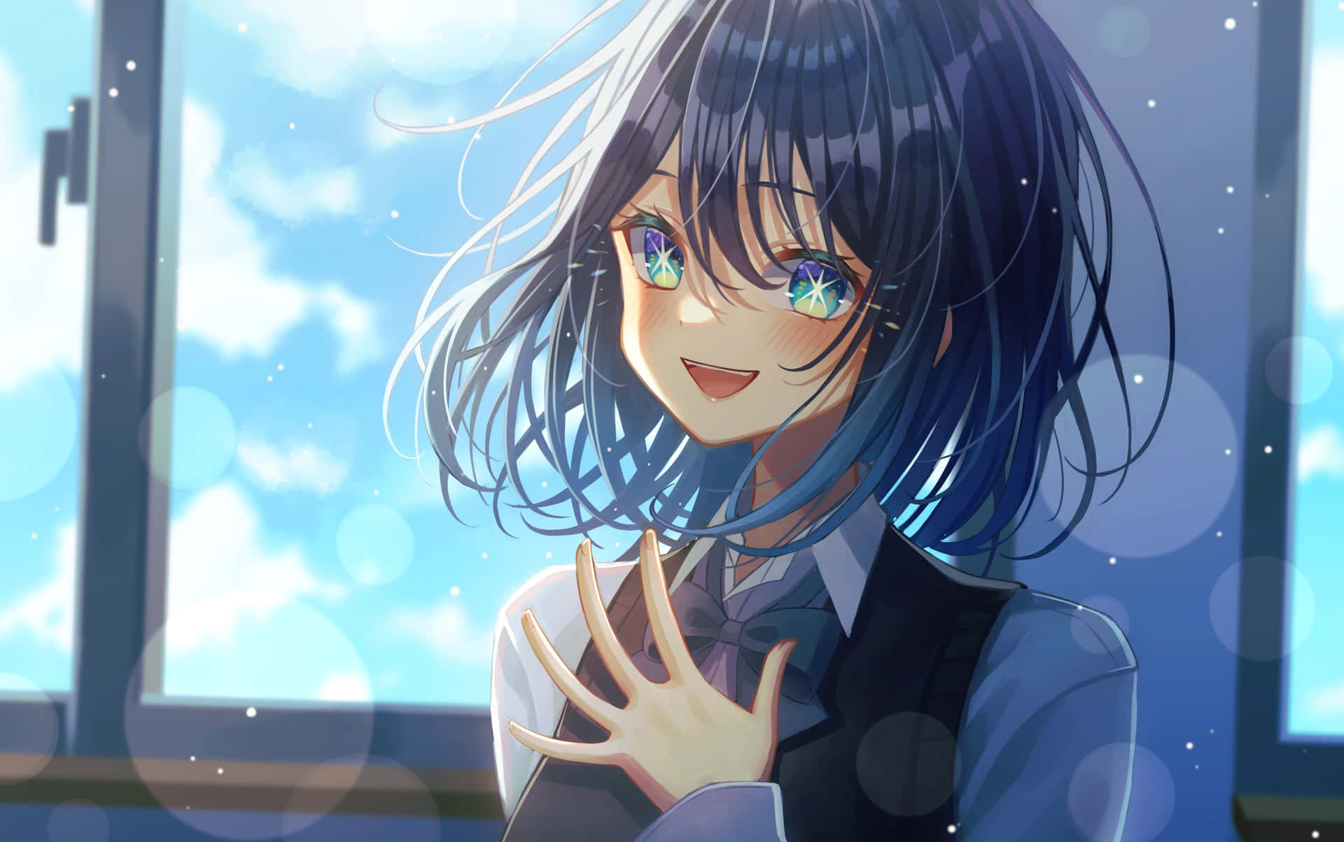 Smiling Anime Girl Sunlit Backdrop Wallpaper