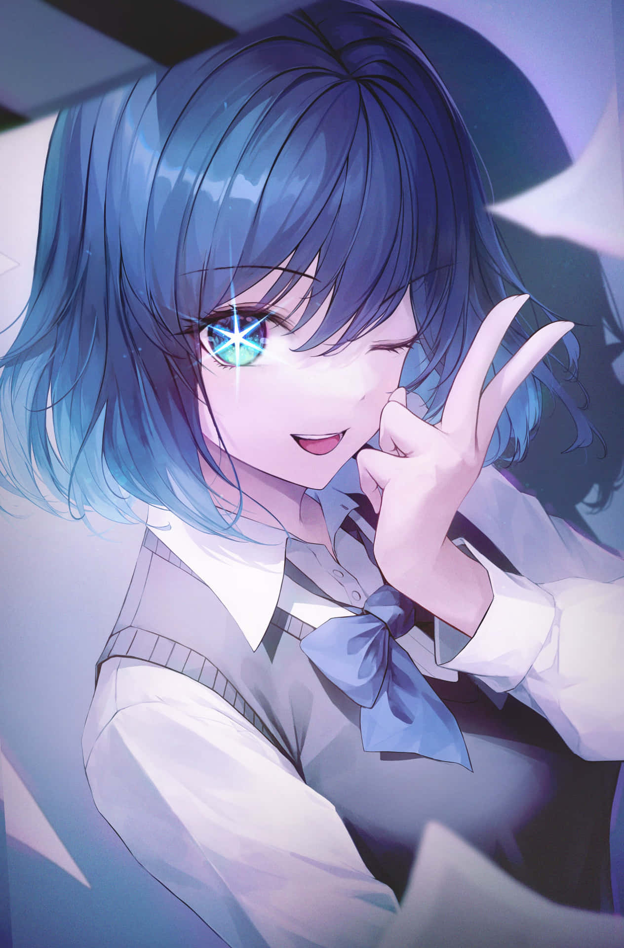 Smiling Anime Girlwith Sparkling Eyes Wallpaper