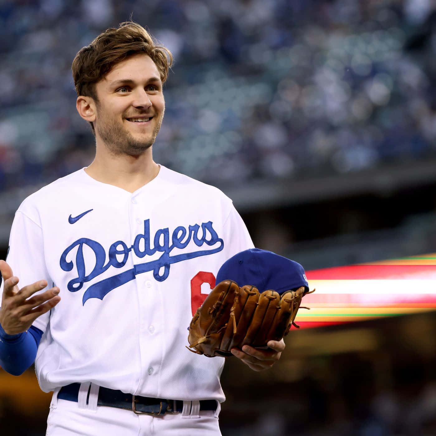 Smiling Baseball Player Dodgers Uniform Wallpaper