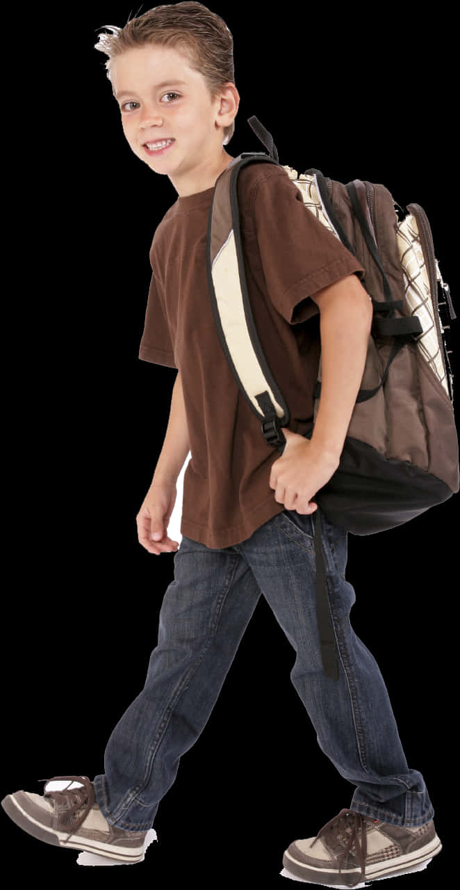 Smiling Boy Walking With Backpack PNG