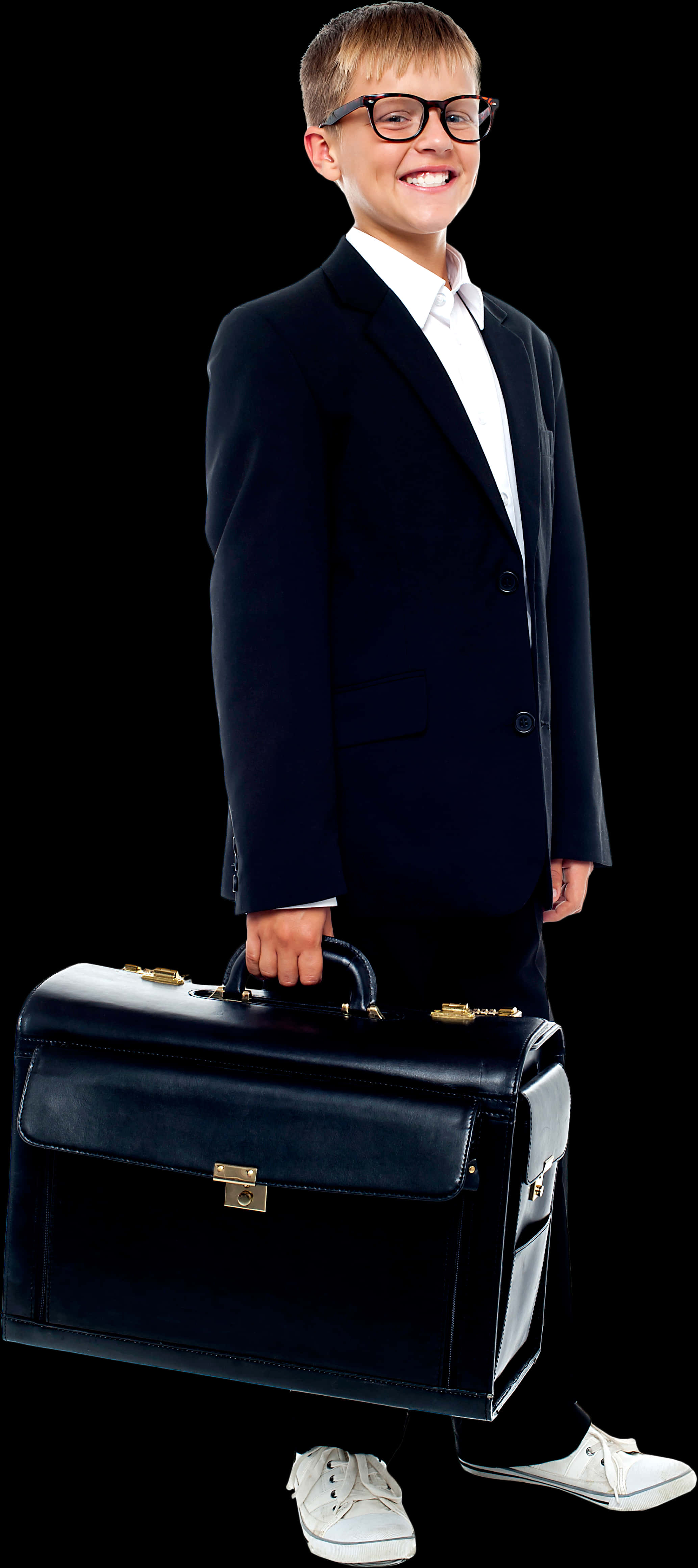 Smiling Boyin Formal Suitwith Briefcase PNG