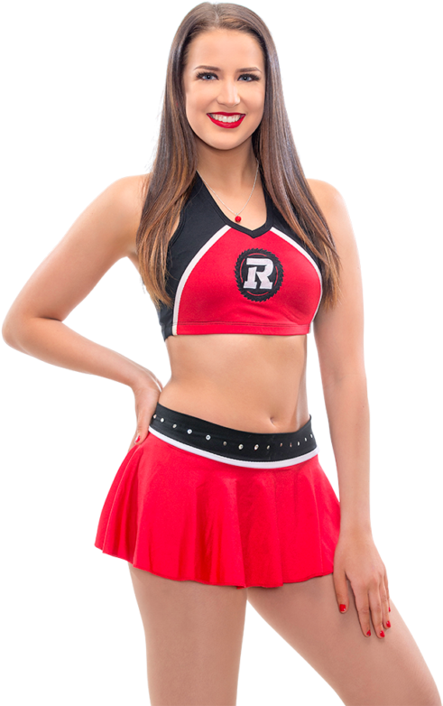 Smiling Cheerleaderin Redand Black Uniform PNG