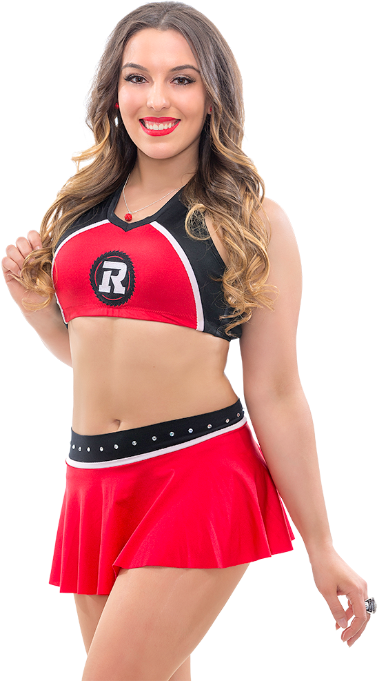 Smiling Cheerleaderin Redand Black Uniform PNG