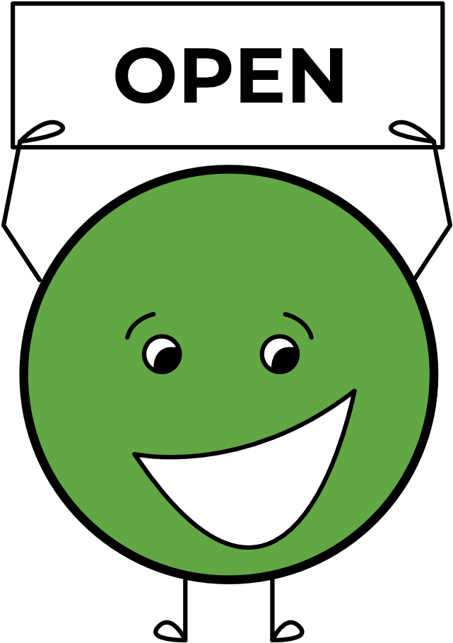 Smiling Circle Character Holding Open Sign PNG