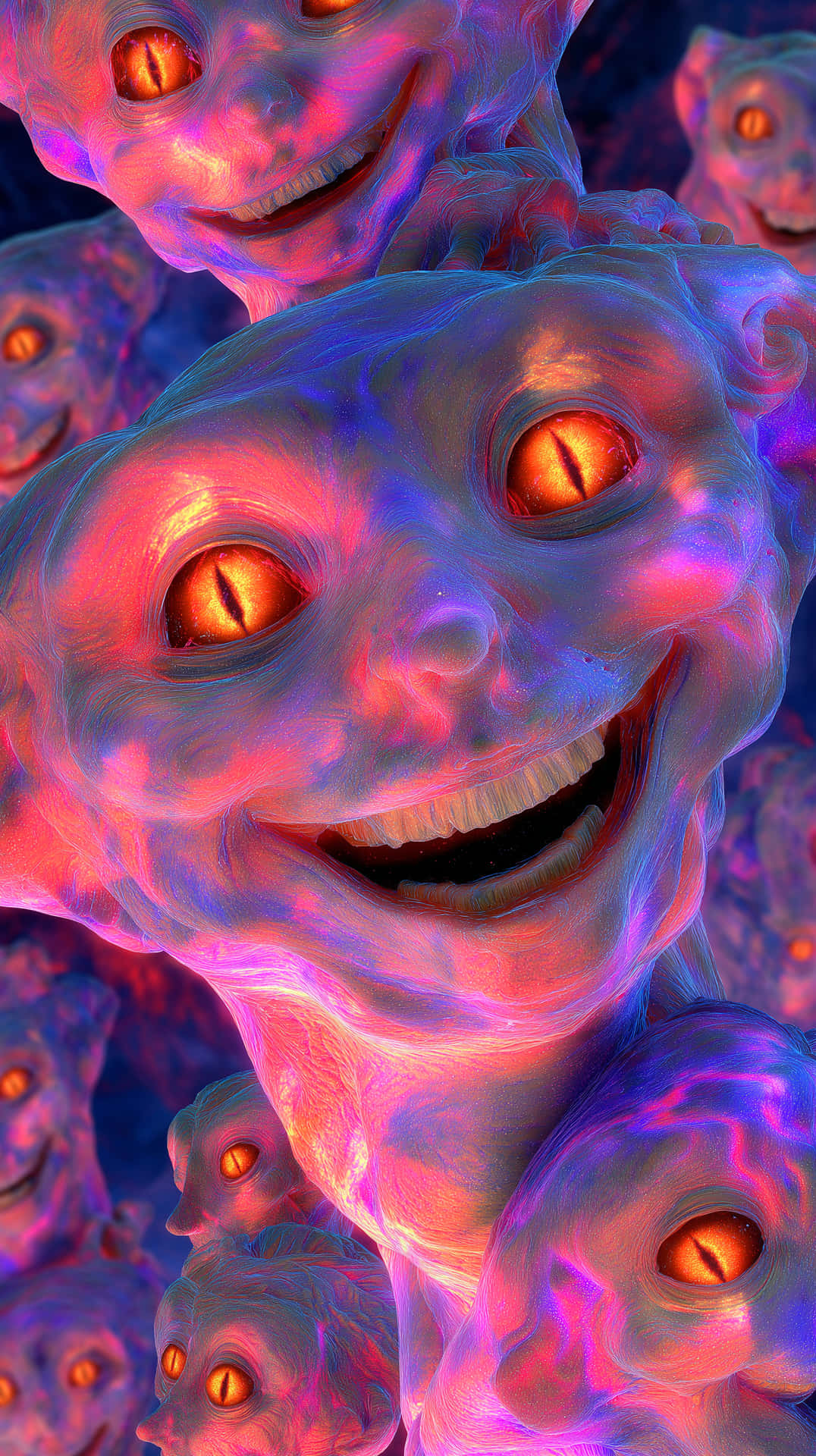 Smiling Entities With Fiery Gaze And Textured Form Wallpaper