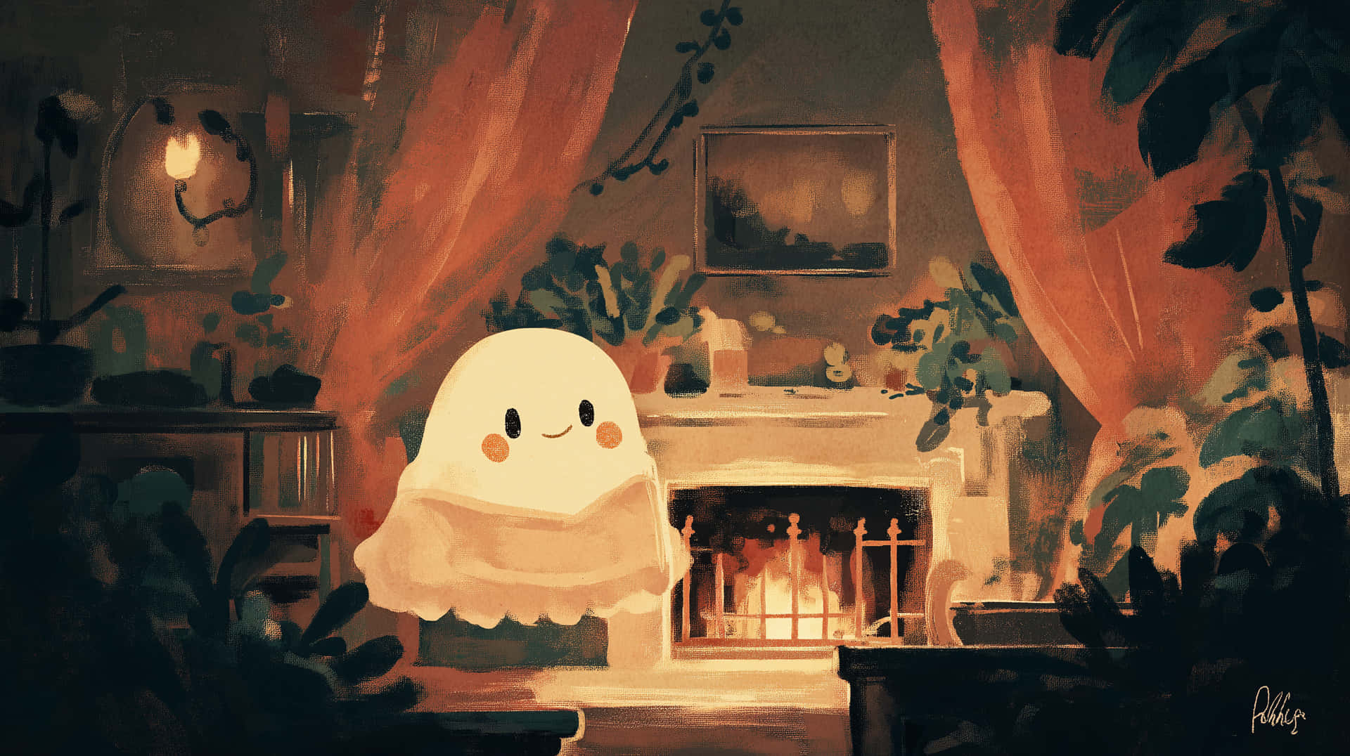 Smiling Ghost Bysmall Ghost By Fireplace With Blanket Wallpaper