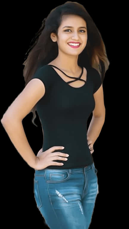 Smiling Girlin Black Topand Jeans PNG