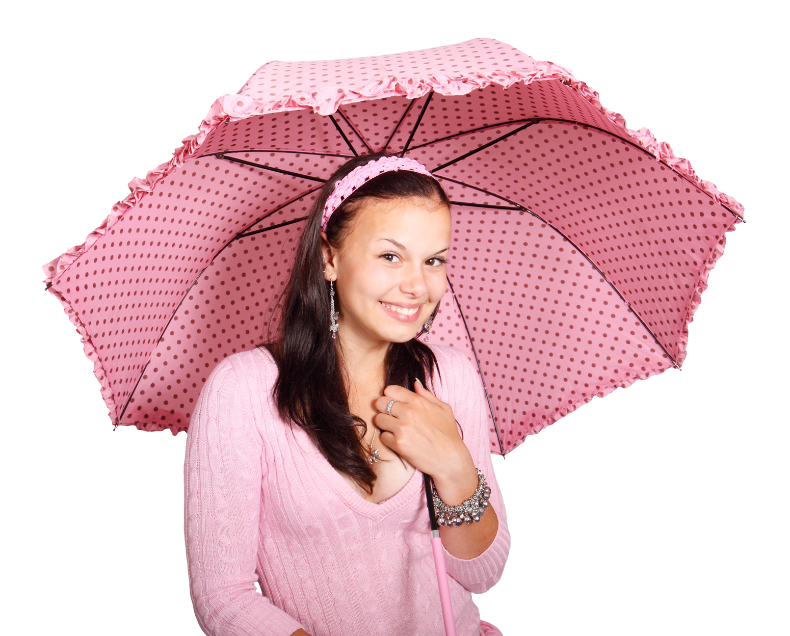 Smiling Girlwith Pink Umbrella PNG