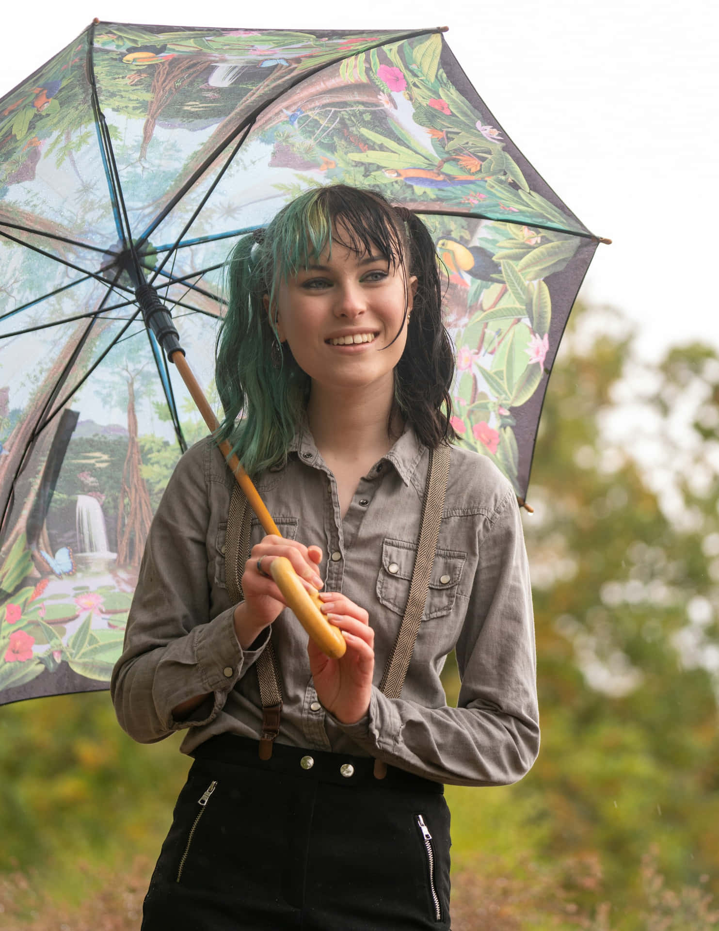 Smiling Girlwith Umbrella Autumn Aesthetic Wallpaper