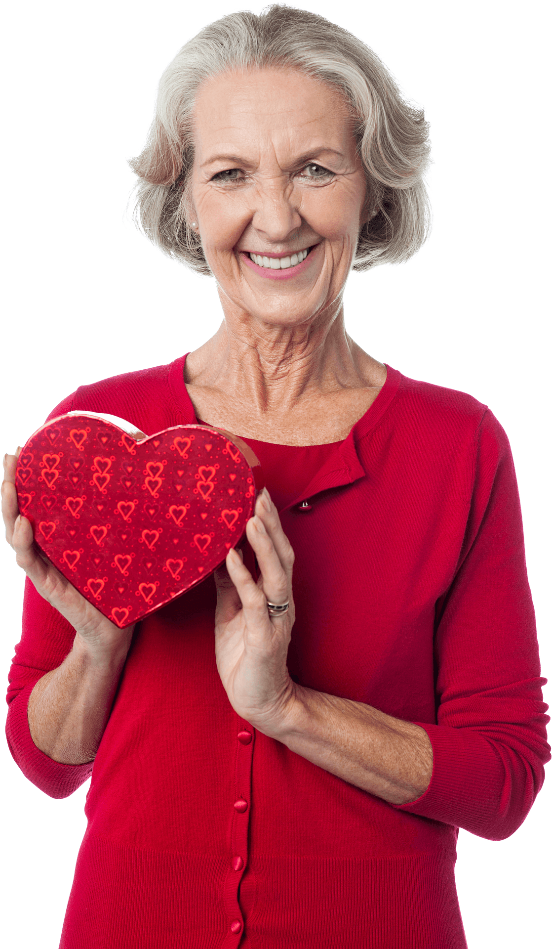 Smiling Grannywith Heart Shaped Box PNG