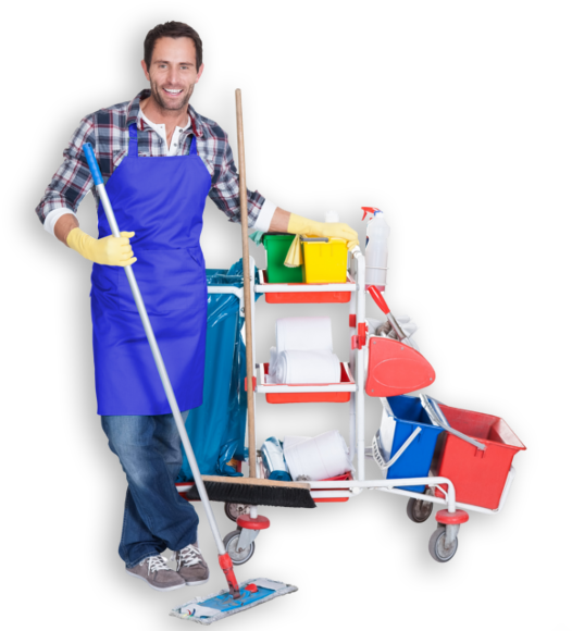 Smiling Janitor With Cleaning Cartand Mop PNG
