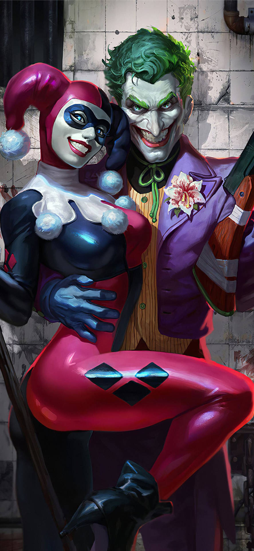 Joker Sorridente E Telefono Harley Quinn Sfondo