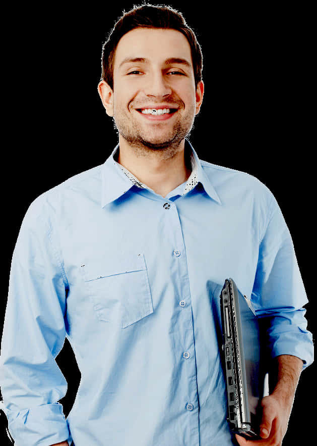 Smiling Man Holding Laptop PNG